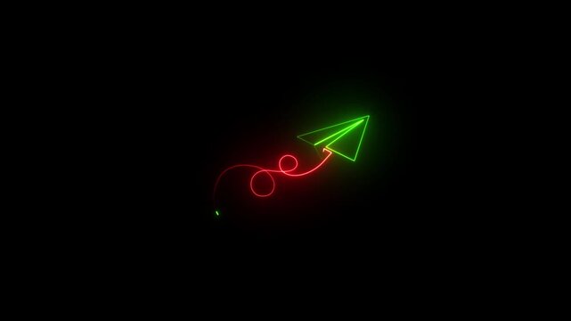 Neon paper plane flying with glowing trail in dark space abstract motion graphics.