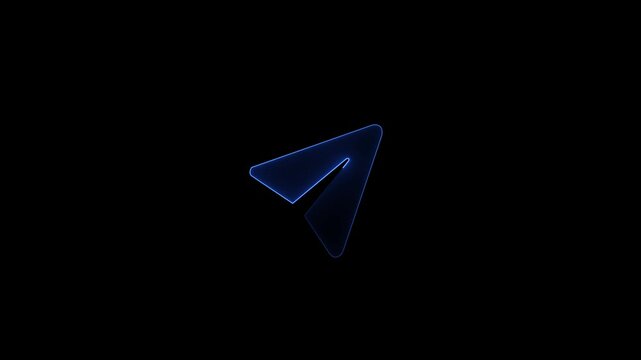Telegram message icon animation loop, blue glow on black background, seamless movement.