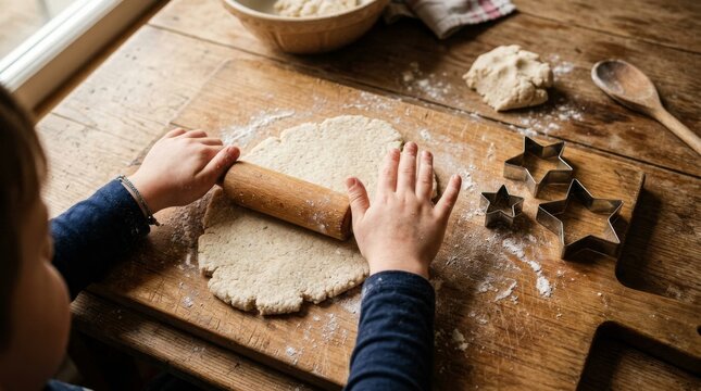 Child rolling out cookie dough on a rustic wooden table with star shaped cutters.
