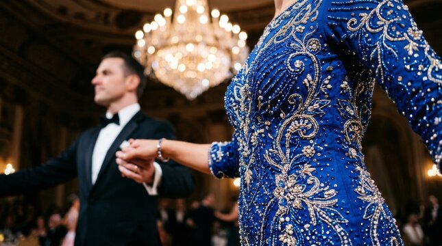 Elegant couple ballroom dancing in formal attire at a gala.
