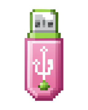 stylish pixel art pink USB flash memory drive for digital backup files tech product catalogs computer accessory logos and software icons