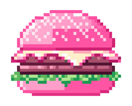 tasty pixel art pink hamburger cheeseburger illustration with detailed layers for fast food restaurant logos takeaway menus and cute food stickers