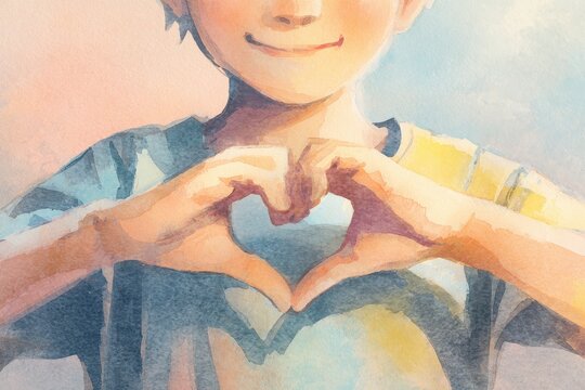 Warm illustration of a child expressing care through a hand-heart gesture