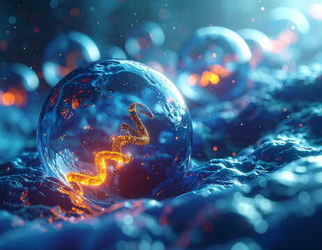 Microscopic close-up of cell division and glowing DNA replication in biotechnology research
