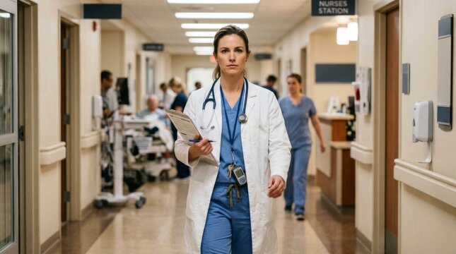 Female Doctor Walking Through Busy Hospital Hallway.
