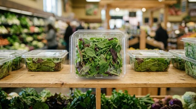 Fresh prepackaged salad greens in a grocery store aisle.