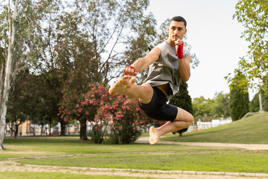 Martial Artist Performs a Jump Kick in the Park During Daylight