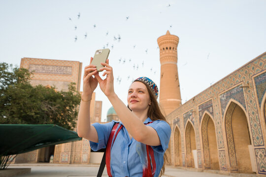 Woman Taking Selfie in Bukhara, Uzbekistan