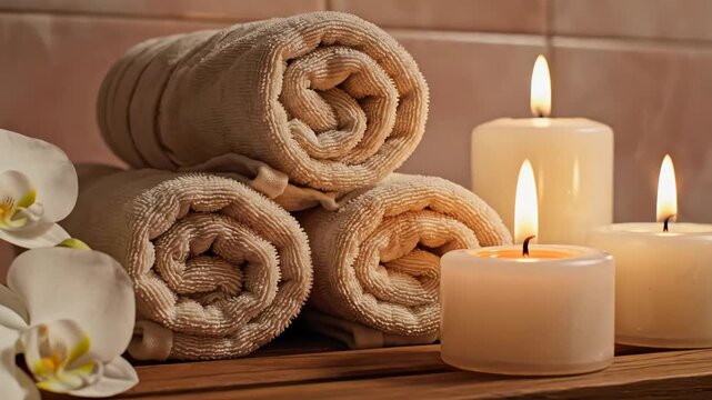 Rolled white towels and burning candles with white orchid flowers on wooden shelf. Calm spa interior setting with soft lighting. Concept of wellness, aromatherapy, beauty salon.