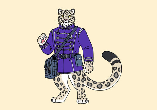 Snow leopard in royal purple military uniform with bag