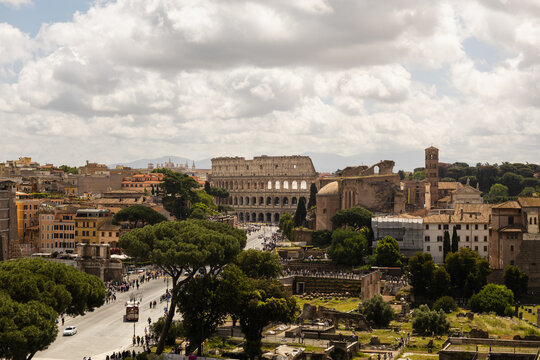 View of the Colosseum and Roman Forum along Via dei Fori Imperiali