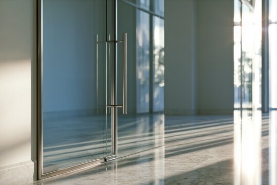 Sleek glass entrance in a contemporary office, clean lines and inviting interior