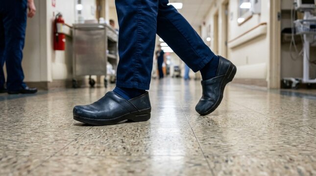 Medical professional walking down a hospital corridor in comfortable work shoes.