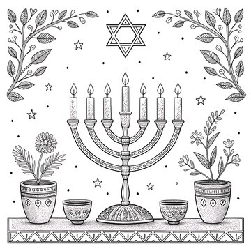 Elegant hanukkah menorah with candles and decorative plants