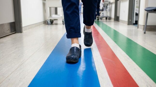 Medical professional walking on colored floor path in hospital corridor.