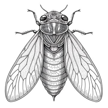 Detailed black and white cicada insect illustration