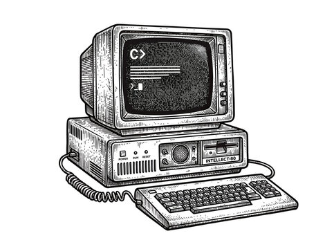 Vintage computer with monitor and keyboard, isolated