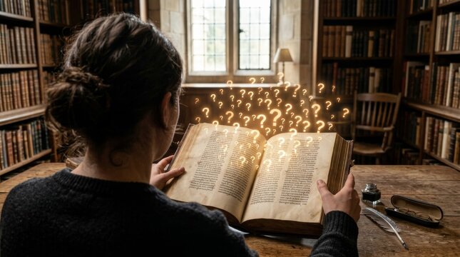 Person reading an ancient book with floating glowing question marks in a library.