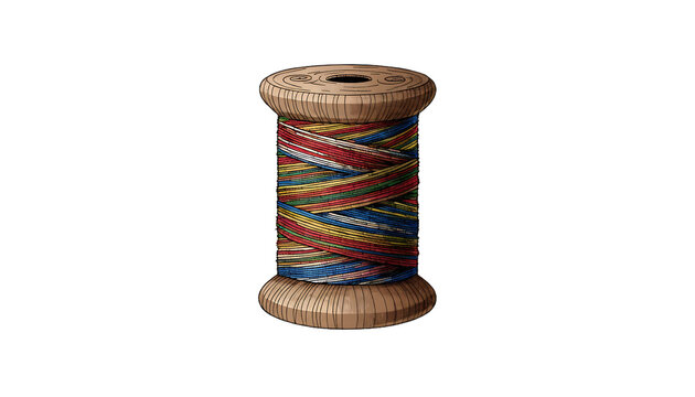 A vintage wooden spool wrapped with colorful variegated sewing thread isolated against a solid black background
