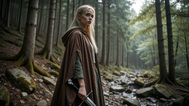 Fantasy Elf Warrior in Enchanted Pine Forest