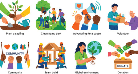 Fototapeta premium Community Service and Volunteer Activities Vector Collection for Environmental Care Charity and Social Impact