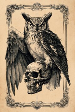 Intricate ink illustration of an owl gripping a skull in a dramatic tattoo flash style