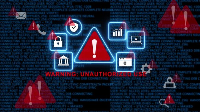 Cyber security warning unauthorized use alert with glowing digital warning data breach notification, network intrusion detection, system access denied, hacking threat concept, and binary code