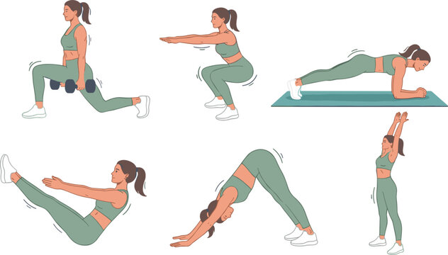 Woman Doing Fitness Exercises Set with Dumbbell Lunges, Bodyweight Squats, Forearm Planks, V-Ups, and Yoga Downward Dog Poses for Wellness App Designs