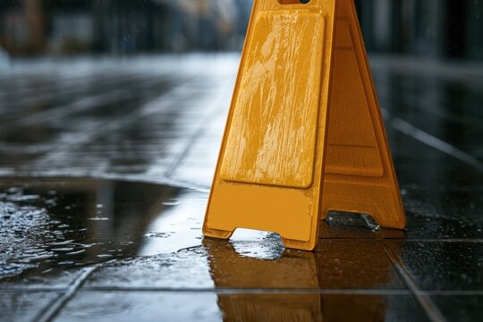Bright yellow wet floor caution sign on rain-soaked pavement with reflective puddle and space for text