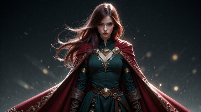 Fantasy Warrior Queen with Red Cape and Green Tunic