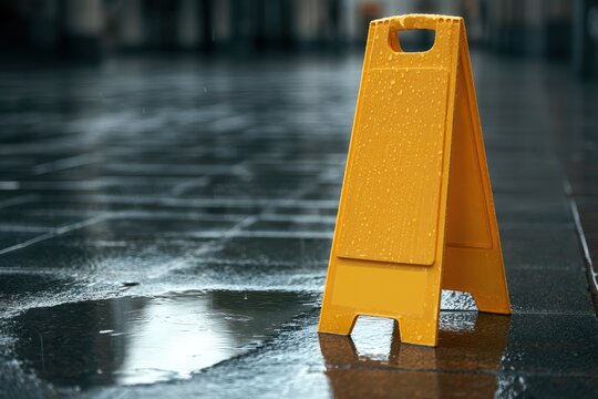 Bright yellow wet floor caution sign on rain-soaked pavement with reflective puddle and space for text