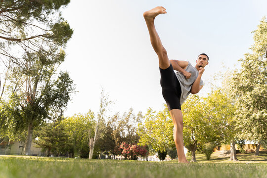 Man Practices High Kick in Park During Afternoon