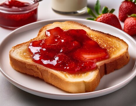 delicious toasted bread with strawberry jam oozing out served on a white plate perfect for a sweet breakfast or snack