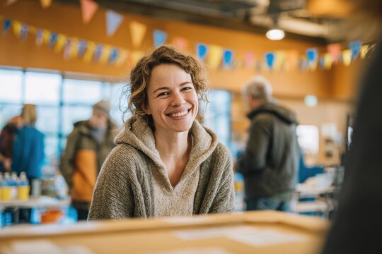 Joyful volunteer at a donation box during a community charity event