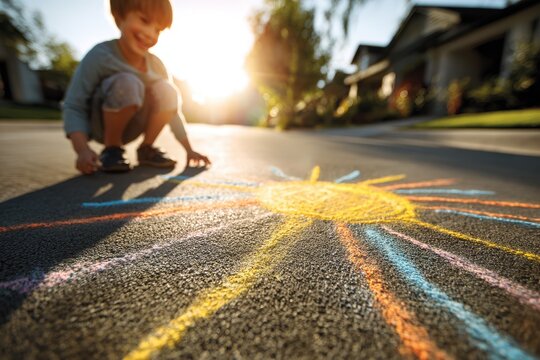 Young child drawing a sun with colorful sidewalk chalk on sunny asphalt