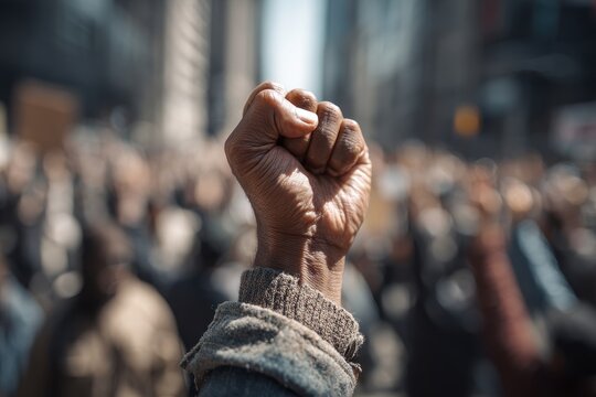 Urban protest moment: a single raised fist with a blurred crowd in the background