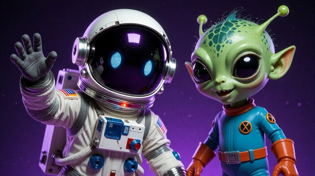 Friendly Astronaut and Alien Cartoon Characters