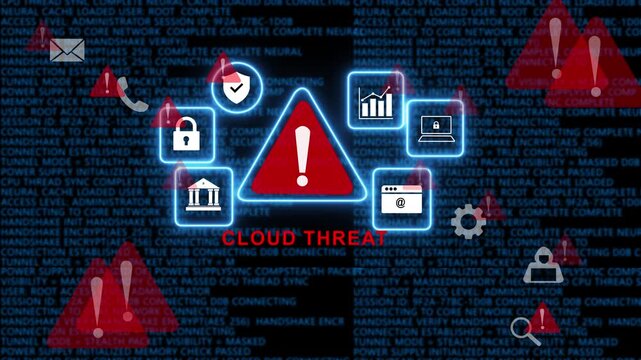 Cybersecurity cloud threat alert warning with digital data breach warning and glowing network system security vulnerability symbols on a dark background, of scrolling binary, code and system logs