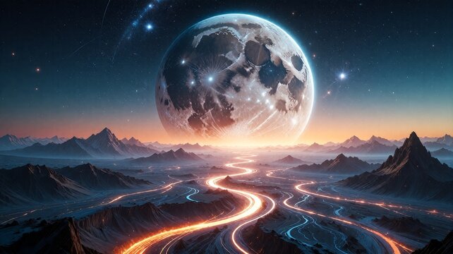 Futuristic alien landscape with massive glowing moon and luminous winding pathways