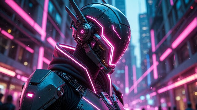 Futuristic Cybernetic Soldier with Glowing Pink Neon Visor