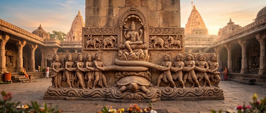 Ancient Samudra Manthan Sandstone Sculpture Inspired by Ujjain Temple Art