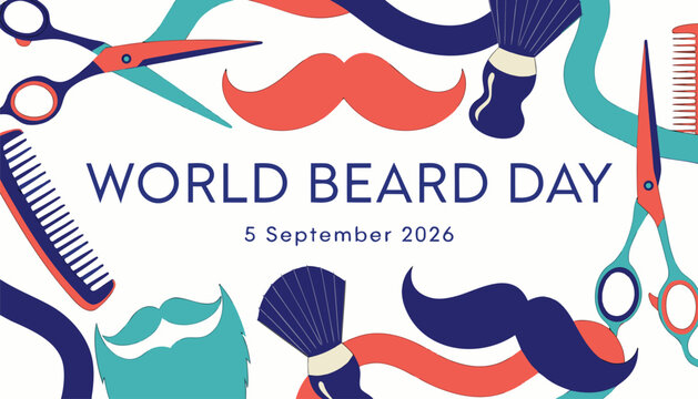 World beard day banner with barber tools and mustaches