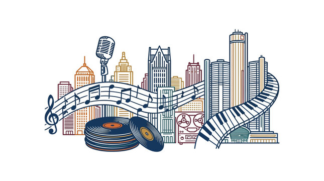 Stylized illustration of a city skyline with musical instruments and vinyl records.