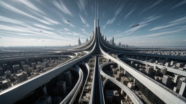 Futuristic Megacity with Central Spire and Elevated Highway Networks
