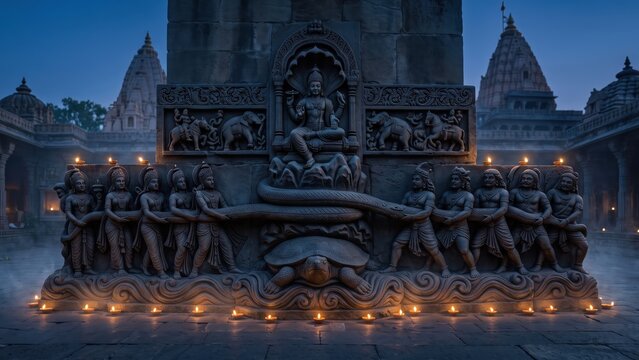 Black Basalt Samudra Manthan Temple Sculpture Illustration
