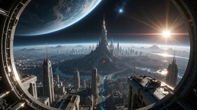 Futuristic Sci-Fi Megacity from Orbital Space Station View