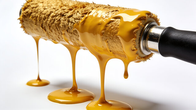 Paint Roller Dripping Golden Yellow Paint Close Up.