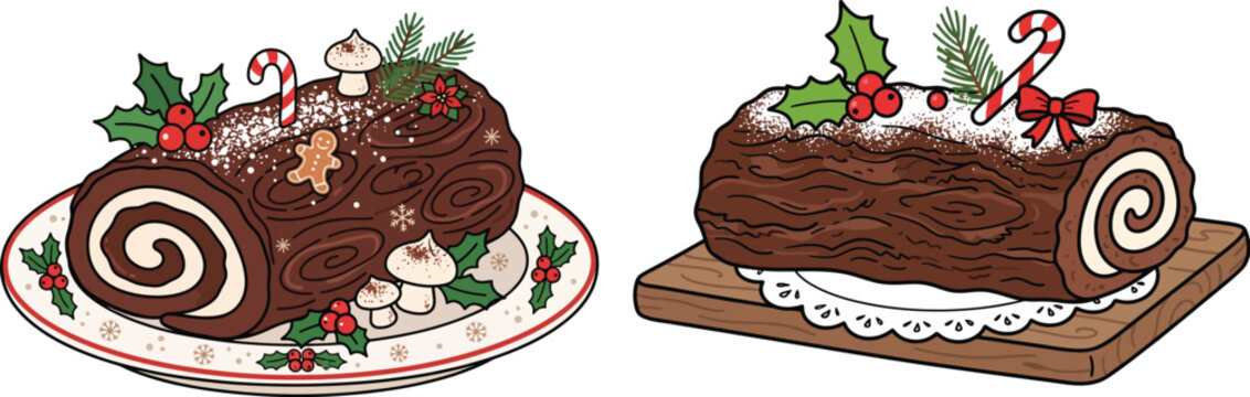 Christmas yule log cake vector illustration isolated flat design for holiday celebration dessert menu.