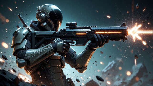 Futuristic Soldier Firing Plasma Rifle in Battle