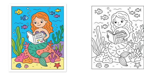 Cute mermaid reading a book underwater coloring page for kids with ocean friends fish and coral reef line art illustration worksheet